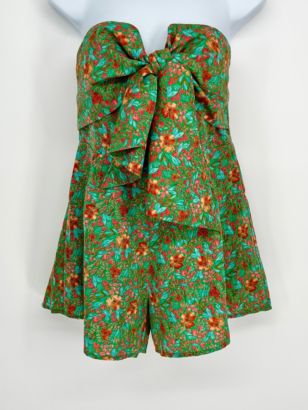 Pink Lily Green Floral Strapless Tie Front Sweetheart Romper Sz M